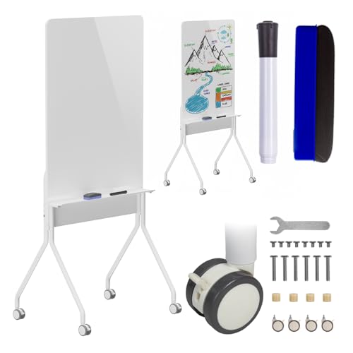 Tableau blanc mobile effaçable à sec Ergo Office 119x79 cm horizontal simple face avec roulettes verrouillables et étagère pratique (Orientation verticale,...