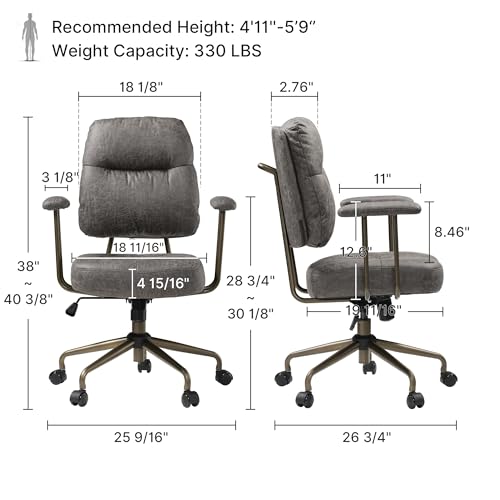 Image of EUREKA ERGONOMIC Becky Home Office Desk Chairs Leather, Comfy Office Chair with Lumbar Support and Arms, Mid-Back, Comfortable Thick Cushion, Height Adjustable, Mid-Century Modern, Gray