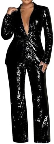 Women Sequin Pants Suit Party Night 2 Piece Outfits Blazer Sets F...