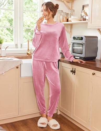 Ekouaer Womens Pajamas Sets Long Sleeve Soft Sleepwear 2 Piece Velvet Pjs Lounge Sets with Pockets
