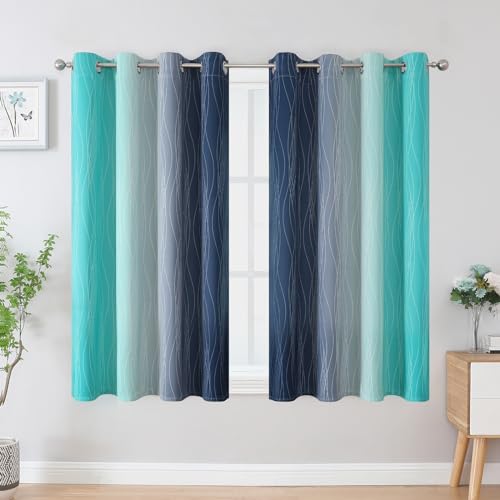 Estelar Textiler Navy Blue and Teal Blackout Curtains 45 Inch Length, Full Light Blocking Gradient Drapes for Kitchen, Thermal Insulated Grommet Ombre Curtains for Bathroom,52Wx45L,2 Panels