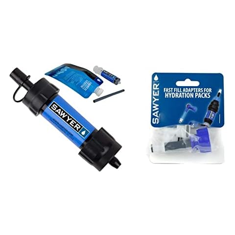 Sawyer Products SP128 Mini Water Filtration System, Single, Blue & SP115 Fast Fill Adapters for Hydration Packs Blue/White,One Size Cover