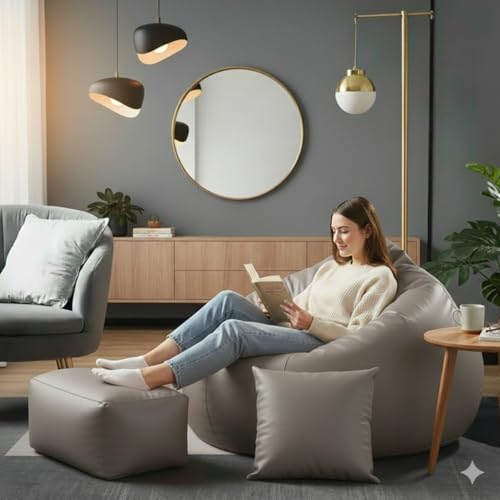 Image of Luxury 5XL Jumbo Bean Bag with Footrest & Cushion | Premium Leatherette | High-Density Beans Filled | Heavy Duty Double Stitch | 6 Months Warranty Color- (Navy Blue) (Grey)