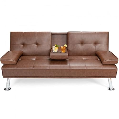 Powerstone Leather Futon Sofa Bed Convertible Folding Couch For Living Room Sectional Sleeper Sofa For Small Space With Cup Holder And Removable Armrest Brown #TOP10