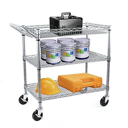 Wdt NEW3CART Heavy Duty 3 Tier Utility Cart,990Lbs Capacity Wire Rolling Cart With Wheels, Commercial Grade Service Cart With Shelving Liners And Handle Bar Metal Carts thumb #2