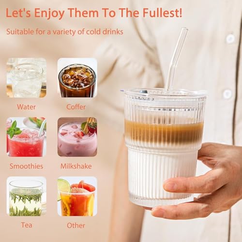 Image of KHOLAD Glass Water Tumbler with Straw and Lid Sealed Carry On Thick Wall Iced Coffee Sipper Cup Glass Cup for Water, Iced Tea Fruit Juice Set of 1, 400ml (Clear)