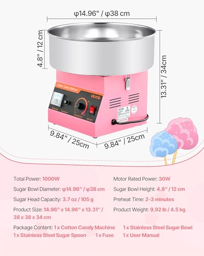 Miniatura 7 de Vevor Máquina De Algodón De Azúcar Eléctrica 1000 W Capacidad De 100 G De Azúcar 38 X 38 X 34 Cm Fácil De Instalar Y Desmontar Control Simple Con Azucarero Y Cuchara Para Hogar, Fiestas, Rosa