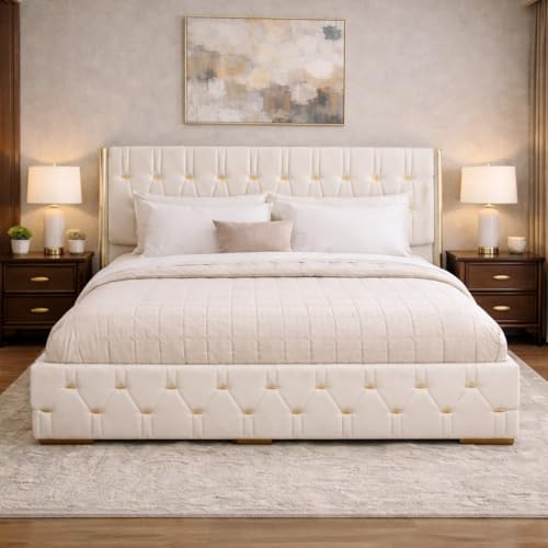 Image of Royal Aura Upholstered Queen Size Bed with Box Storage for Bedroom | Elegant Wooden Double Bed with Storage | Platform Cot Palang with Tufted Headboard | 6.5 x 5 Ft | Sheesham Wood | White