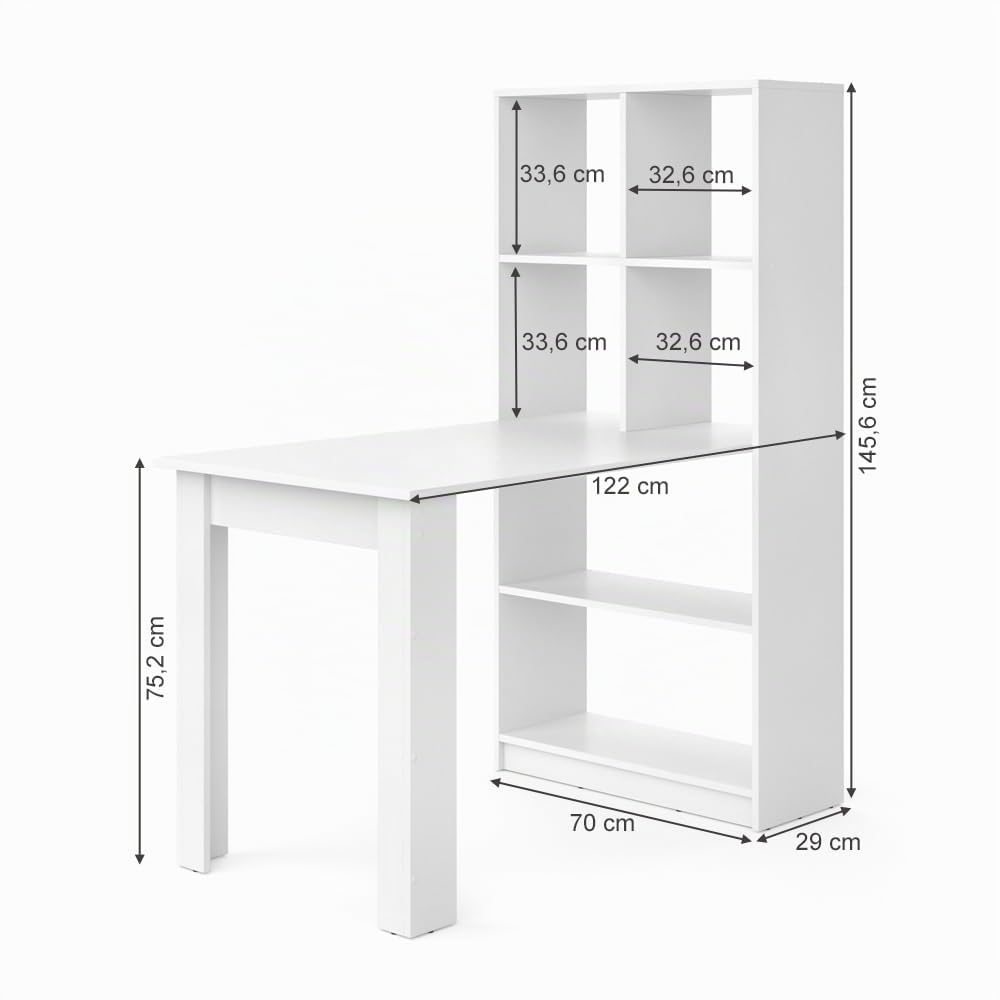 Vicco Bureau Gael, Blanc, 70x122cm | avec étagère latérale pour le rangement des fournitures de bureau