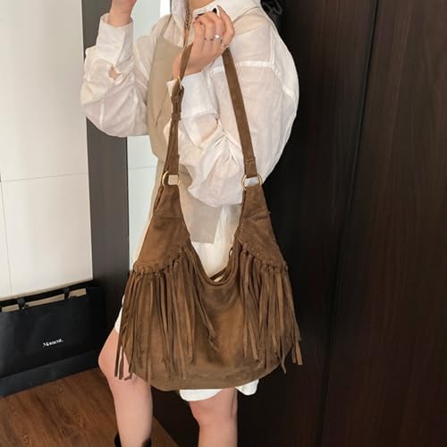 Image of Women Vintage Suede Fringe Hobo Bag Tote Shoulder Bag Crossbody Bag and Hippie Western Cowgirl Purse Shoulder Bag