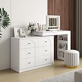 Vanity Desk with Mirror and Lights, Makeup Vanity Table with Flip-Top Tabletop and Storage 7 Drawers, 9 Compartments, 3 Shelves, 3 Color Modes Adjustable Makeup Table for Bedroom (White)