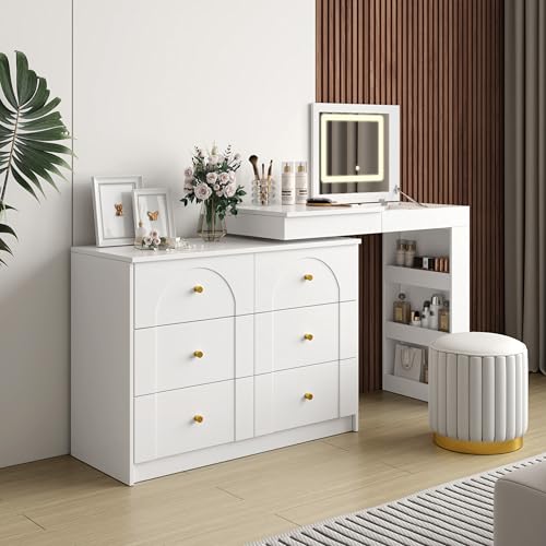 Image of JIVOIT Vanity Desk with Flip-Top Tabletop, Makeup Vanity Table with Mirror, 7 Drawers, 9 Compartments, 3 Shelves, 3 Color Modes Adjustable Makeup Table, Easy Assembly (Walnut /524)