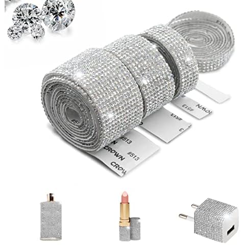 4 Size Rhinestone Ribbon Roll, TWUTGAYW Self-Adhesive Rhinestone Ribbon for Crafts, 4 Yard Crystal Diamond Ribbon Stickers, Decorative Stickers for Party Bithday Gift Set (White) Cover