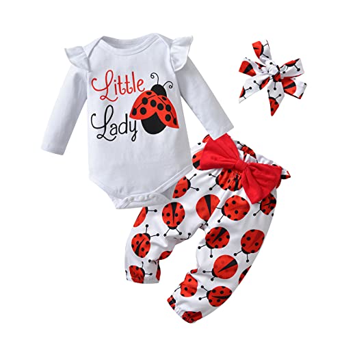 3Pcs Infant Baby Girl Letter Print Romper + Print Pant + Bow Headband Outfits