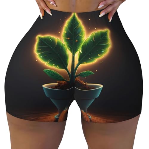 A Glowing Plant Cartoon Pattern Sports Shorts, high Elastic Slim Fitness Pants, Suitable for Yoga/Leisure/Daily wear