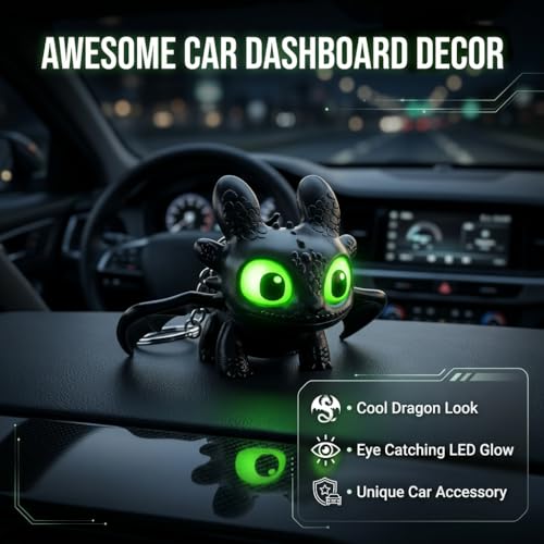 Image of Premium Black Mini Dragon Keychain with LED Glowing Green Eyes - Cute Fantasy Action Figure Bag Charm, Backpack Accessory & Light-Up Keyring Toy Gift for Kids and Adults