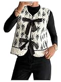 Verdusa Women's Bohemian Graphic Puffer Vest Tie Front Sleeveless Quilted Down Coats Apricot Medium
