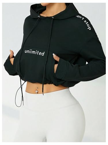 Verdusa Women's Letter Print Drawstring Hoodies Long Sleeve Cropped Hooded Sweatshirts3