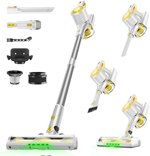 Cordless Vacuum Cleaner for Home, Powerful Stick Vacuum with Rechargeable Battery, Green Light Anti-Tangle Brush, 6-in-1 Lightweight Handheld Vacuum for Pet Hair, Hard Floor, Carpet, Yellow