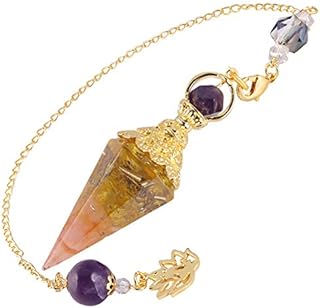 Nupuyai Citrine Rose Quartz Healing Crystal Point Dowsing Pendulum for Divination Scrying, Resin Chip Stone Faceted Hexagonal Pendulum with Chain