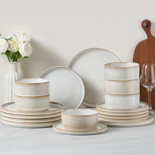 Image of E-far Stoneware Dinnerware Sets, 18-Pieces Modern Plates and Bowls Sets, Kitchen Dinning Porcelain Dishes Set for 6, Chip & Scratch Resistant, Dishwasher & Microwave Safe, Creamy Beige