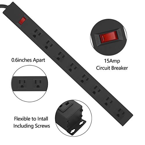 Regleta de alimentación metálica resistente para montaje en pared, 8 tomas, protección contra sobretensiones de 1200 J, interruptor integrado, cable de 14 AWG, 4 pies, color negro miniatura 3