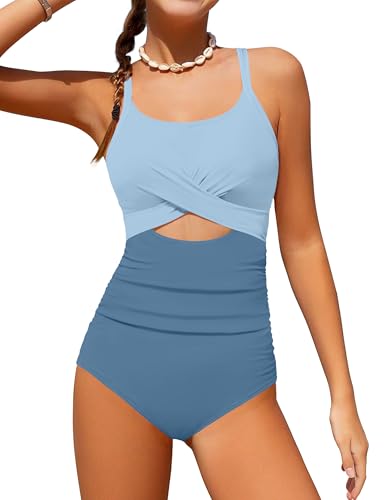 Image of Girl Swimsuit One Piece Cutout Ruched Bathing Suit for Girls Color Block Adjustable Straps Pad Swimwear 9-18y