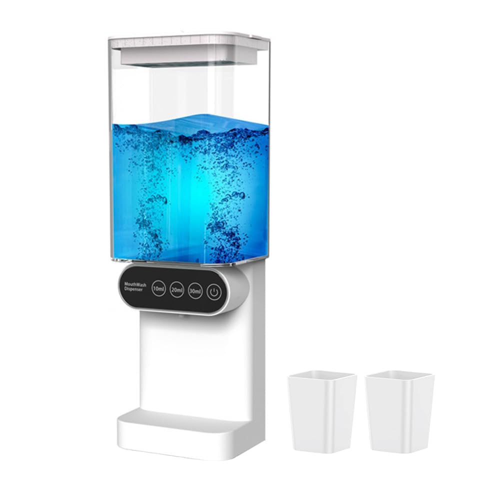 Bdkmms White Automatic Mouthwash Dispenser, 700Ml Adjustable Dispensing Mouthwash Containers With 2 Magnetic Cups Wall-Mounted Mouthwash Dispenser For Bathroom Kitchen