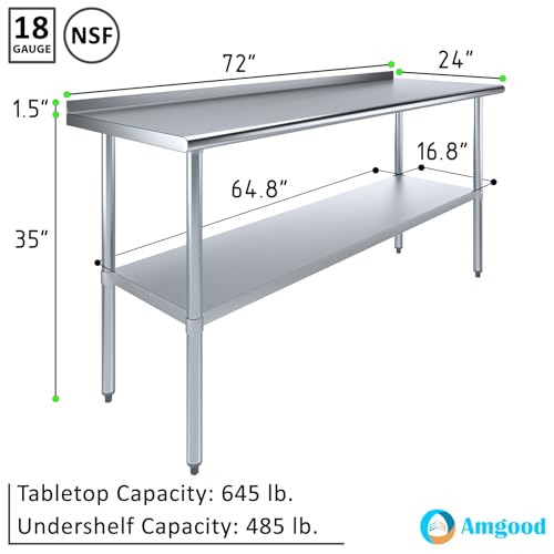 Image of AmGood Stainless Steel Work Table | Metal Utility Table (72 inch Long x 24 inch Deep)