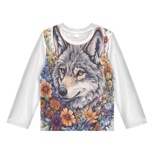 Floral Wolf White Boy's Rash Guard Swim Shirt Long Sleeve Sun Shirt for Toddler Kid UPF50+ 4T