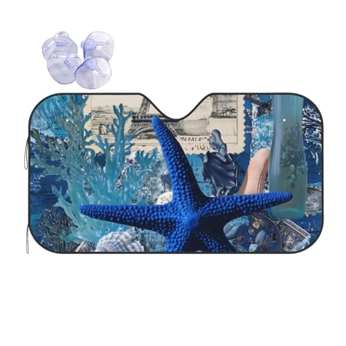 Windshield Sun Shade Keep Vehicle Cool, Artistic Collage Featuring Blue Starfish Coral Reefs Auto Shade for Car Truck SUV Van Blocks UV Rays Sun Visor Protector