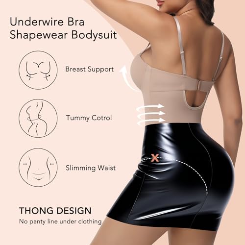 Image of SHAPERIN Women's Tummy Control Shapewear Bodysuits Strapless Low Back Body Shaper with Built-in Bra & Removable Straps