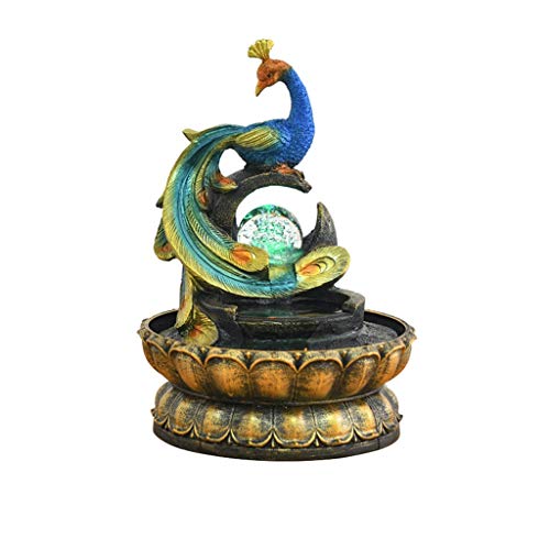 Zimmerbrunnen Tischplattenbrunnen, chinesische Pfau-Brunnen-Harz-Brunnen-Zerstäubungsbefeuchter-Innenwasser-Dekorations-Geschenke Tischbrunnendekor im Innen- und Außenbereich (Color : A) Cover