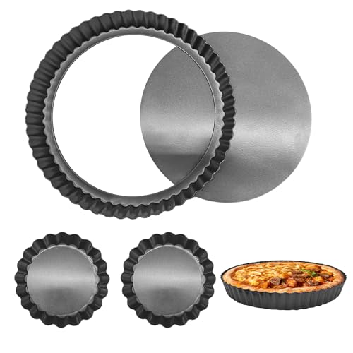 Wooview 3 Pcs Quiche Pan Set 22cm/8.7inch 10cm/4inch Non-Stick Quiche Dish Tart Tin Carbon Steel Flan Tin with Loose Base Pie Dish Round for Baking Quiches Tartes Cheese Apple Pie