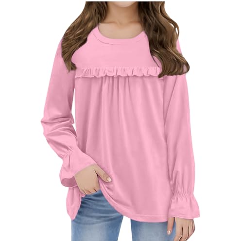 Girls Long Sleeve Shirts Cute Crew Neck Babydoll Flowy Blouses Solid Color Lightweight Fall Winter Tshirts School