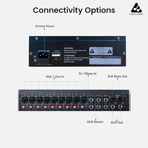 Image of Audio Array AM-Mix10 10-Channel Hybrid USB Mixer with10 Analog+2 Digital Inputs, 48kHz /16-Bit DSP, Phantom Power, USB-C Powered, AUX Sends, Built-In FX, Balanced XLR Outputs for Live, Studio & Podcast
