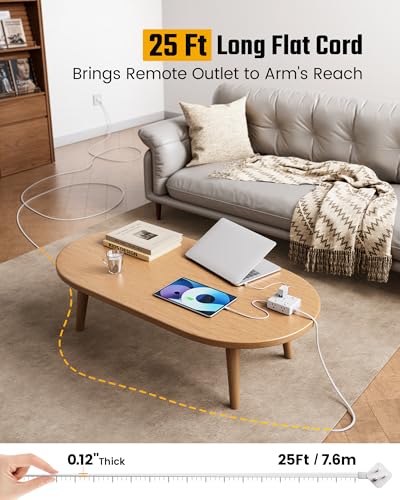 Image of 25Ft Long Extension Cord, Flat Plug Power Strip with 8 Outlets & 4 USB Ports (2 USB C), Wall Mountable Surge Protector, Desk Charging Station for Home Office, Dorm Room Essentials