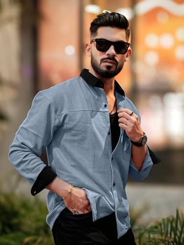 Image of Maniac Mens Solid Collared Neck Full Sleeve Biscuit and Black Cotton Shirt