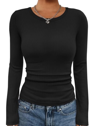 ATHMILE Womens Long Sleeve Crewneck Ribbed Tops Fall Fitted Stretch Casual Basic T Shirts 2025