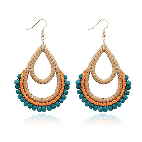 Bohemian Rattan Wooden Beads Handmade Circle/Teardrop Earrings Dangle Drop Jewelry for Women