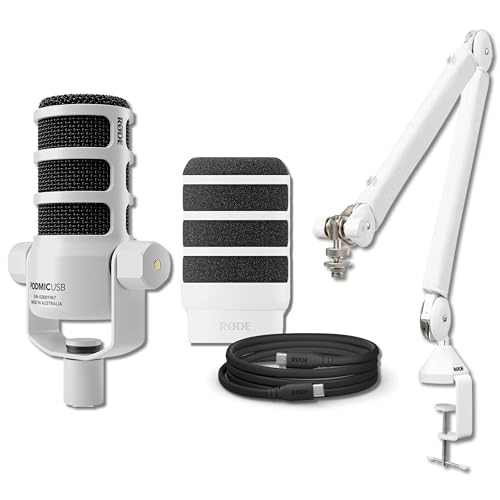 Rode PodMic USB White, White PSA1+ Arm, XLR Cable - Podcast Mic Bundle