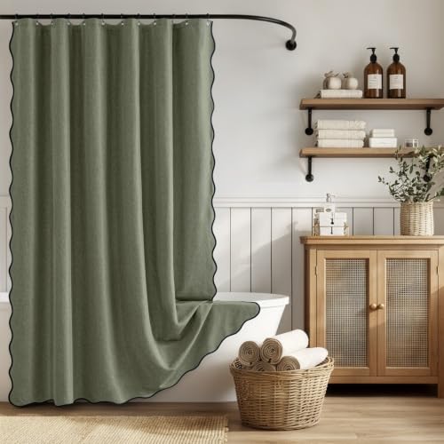 ANRODUO Olive Green Scalloped Linen Textured Shower Curtain, W72 x L84 by ANRODUO - Used condition - US$25.55
