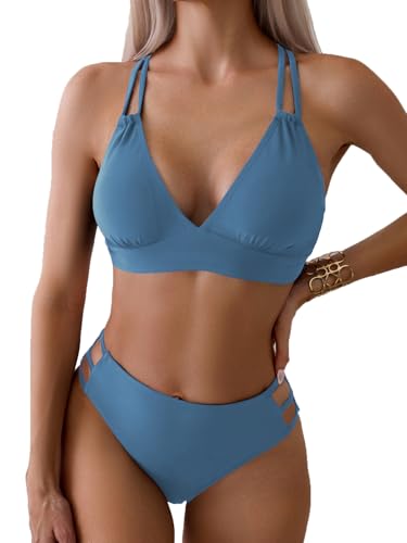 Image of Fanuerg Women's Sexy V Neck Bikini Sets Hollow Out Two Piece Swimsuits Cutout Mid Waist Bathing Suit