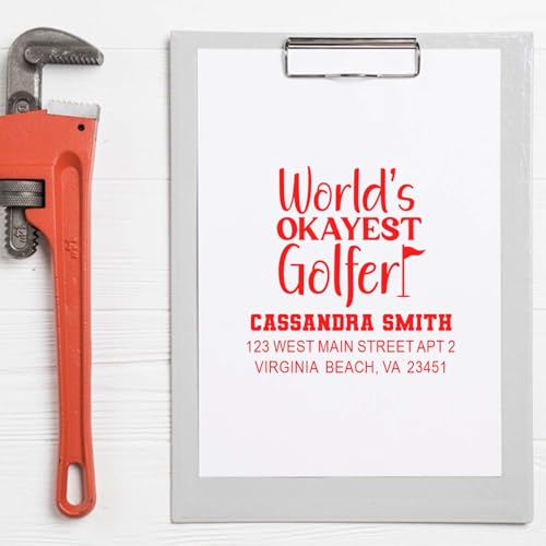 Image of Okayest Golfer Self Inking Rubber Stamp - Return Address Stamper | Quick Impression Stamp. Choice of 11 ink colors. Golf Player Stamp. Laser-cut lettering. Built-in refillable pad.