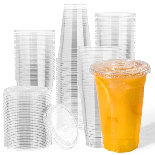 JOLLY CHEF 500 Pack 20 oz Clear Plastic Cups with Flat Lids, Disp...