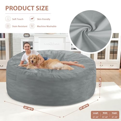 6FT Bean Bag Chair, Large Bean Bag Chairs with Memory Foam Filled, Fluffy Beanbag Sofa with Dutch Velvet Cover, Round BeanBag Chairs for Living Room, Playroom - Light Grey