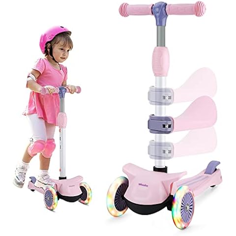 Wheelive 2 in 1 Kick Scooter with Removable Seat, 3 LED Wheels Kick Scooter for Kids, 4 Adjustable Height & Foldable Design Toddler Scooters Sit or Stand Ride for Boys & Girls 2-8 Years Old (Pink） Cover