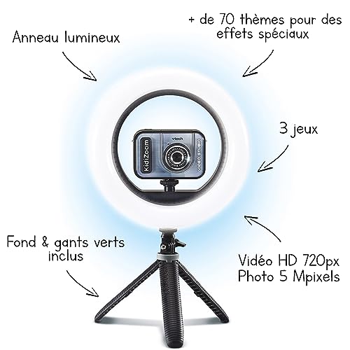 VTech KidiZoom Vidéo Studio PRO Appareil Photo Numérique Enfant Selfie Vidéo HD Écran Couleur avec Ring Trépied Fond et Gants Verts Cadeau de à Contenu en Français - vue 2