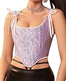 Dreay Womens Vintage Asymmetrical Hem Overbust Corset Tie Front Lace-up Back Bustier Top 973-Pinkblue-S