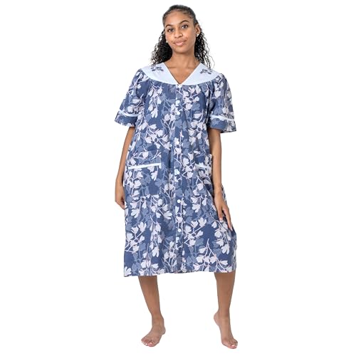 Image of Women's Short Sleeve Woven Snap-Front Closure Floral Embroidery Housecoat Duster Lounge Nightgown Robe with Front Pockets